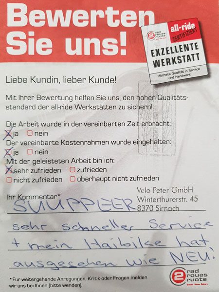 Ausgefüllte Kundenbewertung «Bewerten Sie uns!»